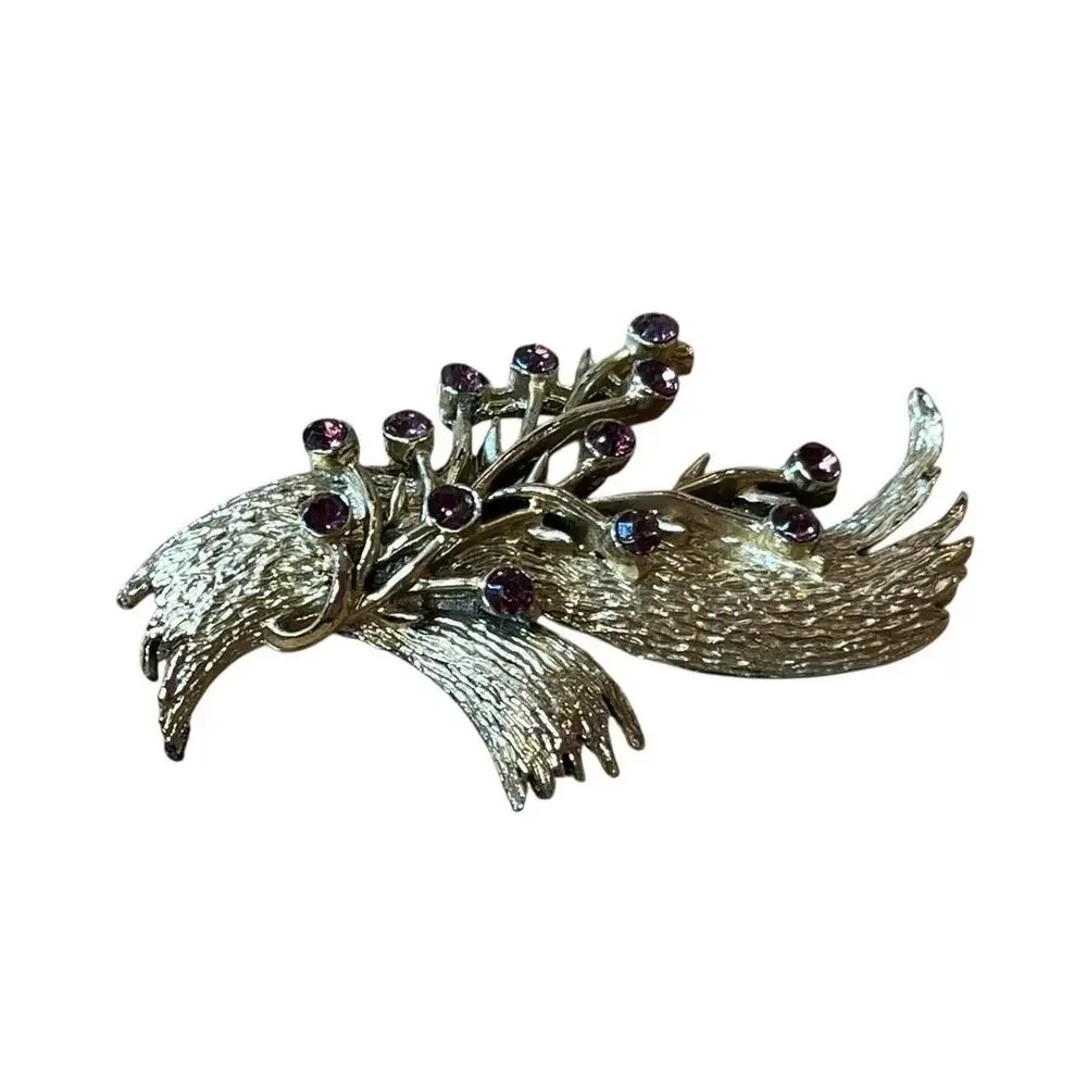 Vintage Purple Rhinestone Brooch & Earrings Set Clip On Gold Colored Stems